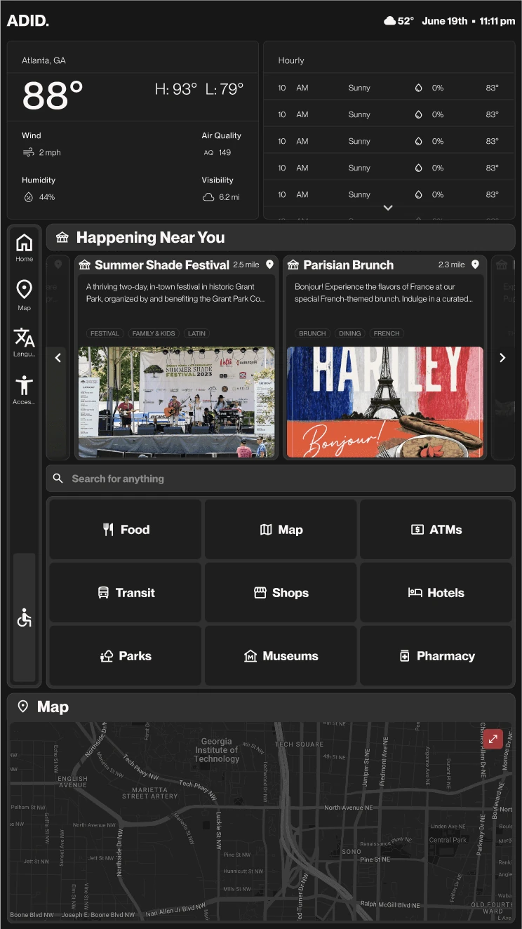 The kiosk home screen with the nav bar on the left