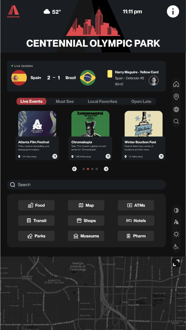 The kiosk home screen with the nav bar on the right