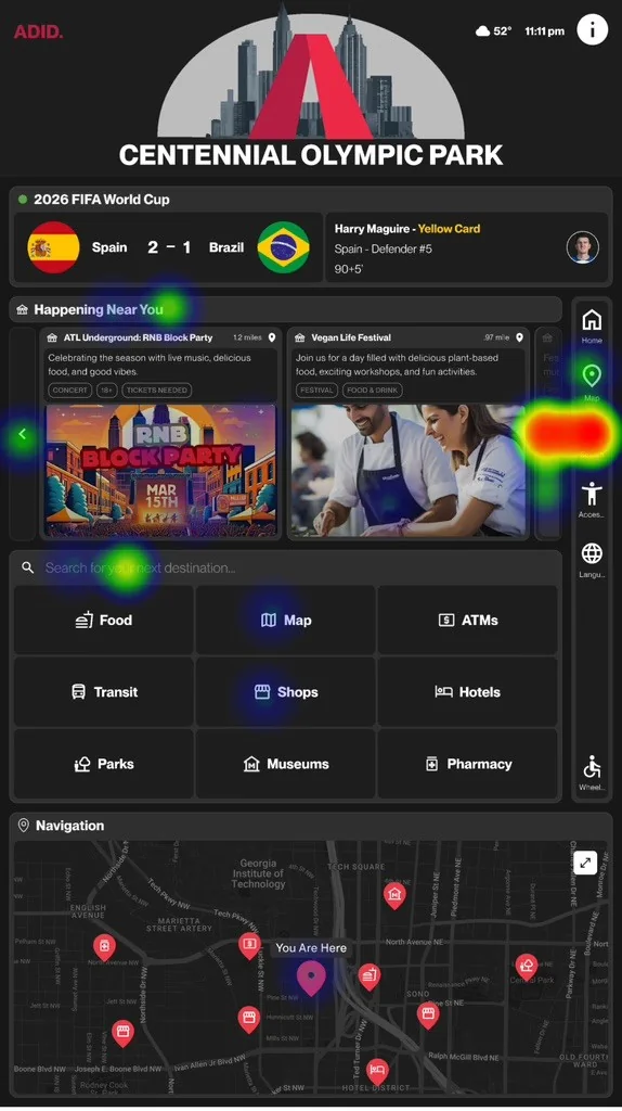 Usability test heatmap on the kiosk home screen
