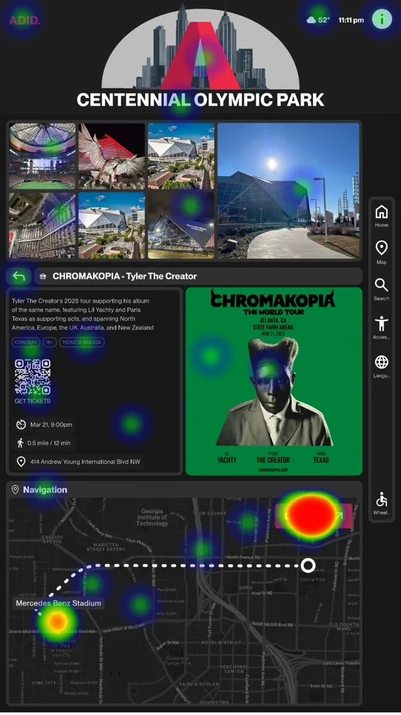 Usability test heatmap on the transit screen