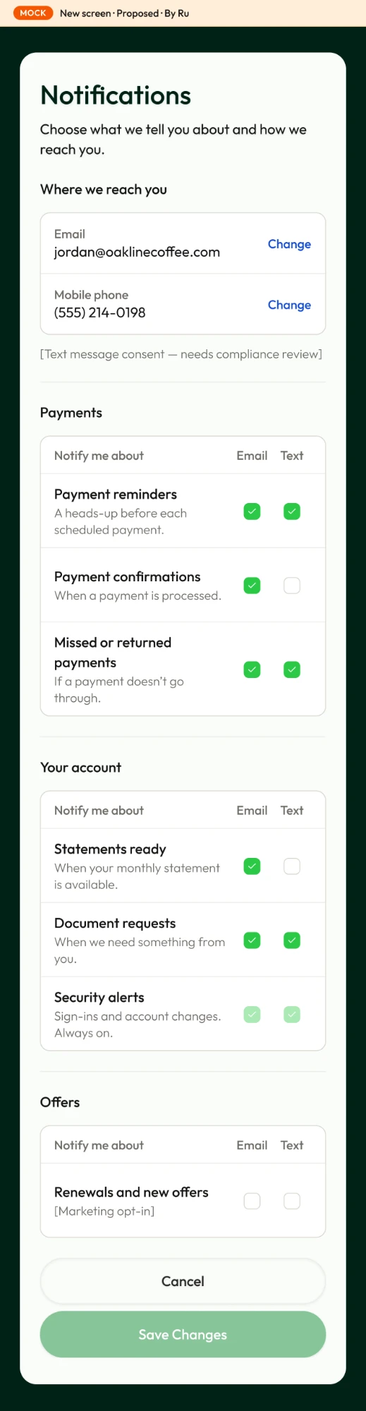 Notifications settings for a merchant, labeled as a new screen, with text message consent left as a placeholder for compliance review.