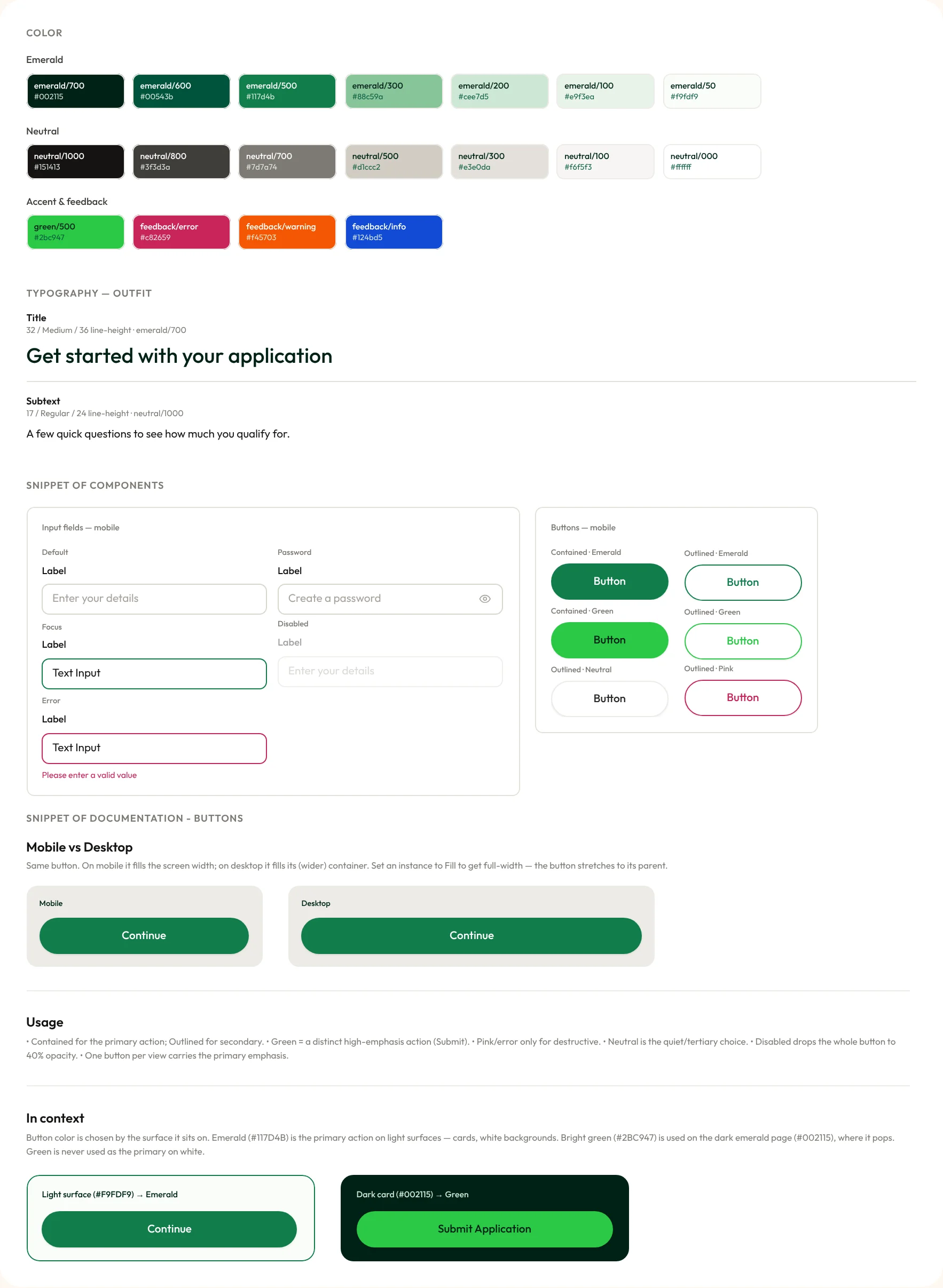 A snippet of the IOU design system: emerald, neutral and feedback colors; Outfit type styles; mobile input fields and buttons; and button documentation for mobile versus desktop, usage and context.